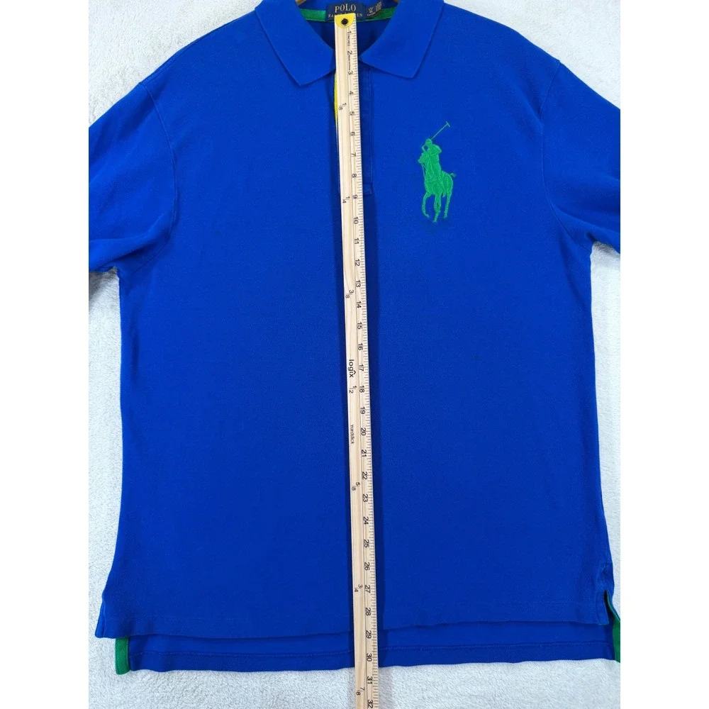 Polo Ralph Lauren Big Green Pony Blue Polo Shirt Mens LT Tall Orange 3 Patch